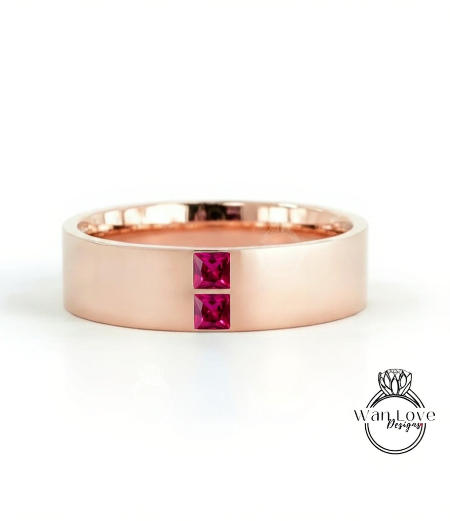 Mens Diamond Wedding Band, Princess Cut 2 gem Moissanite Mens Birthstone Wedding Band, Solid Gold 10k/14k/18k Wedding Ring