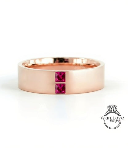 Mens Emerald Wedding Ring | Solid Rose Gold Mens Wedding Band | Princess Cut Diamond Band | Green Emerald Square Ring | His Birthstone Band