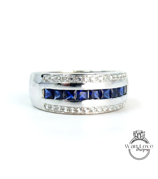 Blue & White Sapphire Wedding Band-Mans Engagement Ring-Mens Ring-White Gold mans ring-Anniversary gents ring Gift-Ready to Quick ship