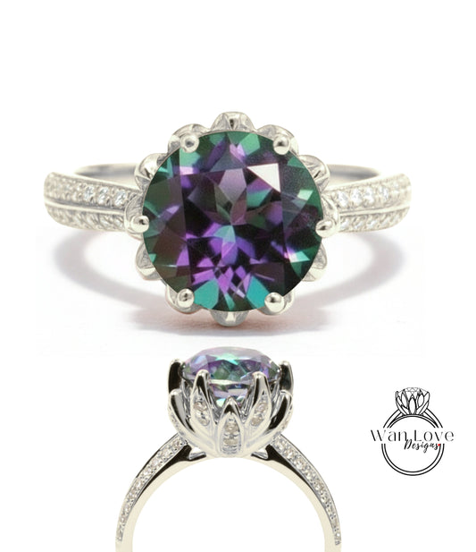 A stunning ring featuring a large, round purple gemstone surrounded by a scalloped band and sparkling diamonds.