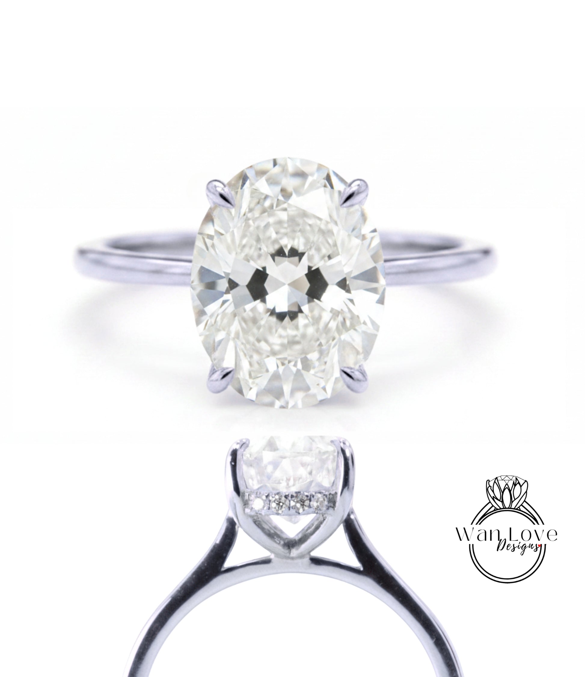 A close-up of a diamond engagement ring with a large oval-shaped diamond set in a silver band.