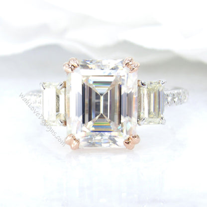 4 Carat Emerald Baguette ring three stone baguette Engagement Ring 4ct art deco 3 gemstone two tone white rose gold ring wedding anniversary Wan Love Designs