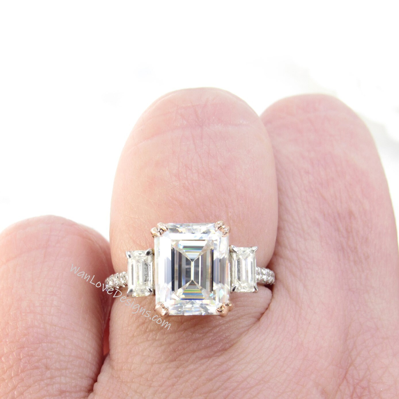 4 Carat Emerald Baguette ring three stone baguette Engagement Ring 4ct art deco 3 gemstone two tone white rose gold ring wedding anniversary Wan Love Designs