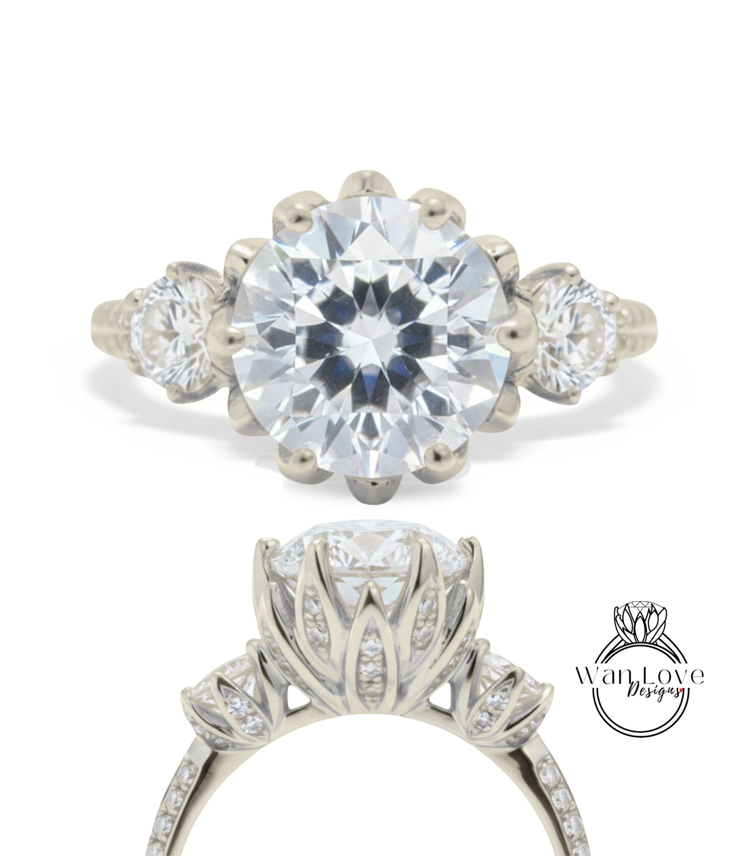 A close-up view of a diamond engagement ring with a large, round brilliant cut diamond set in a silver band with three smaller diamonds on either side.