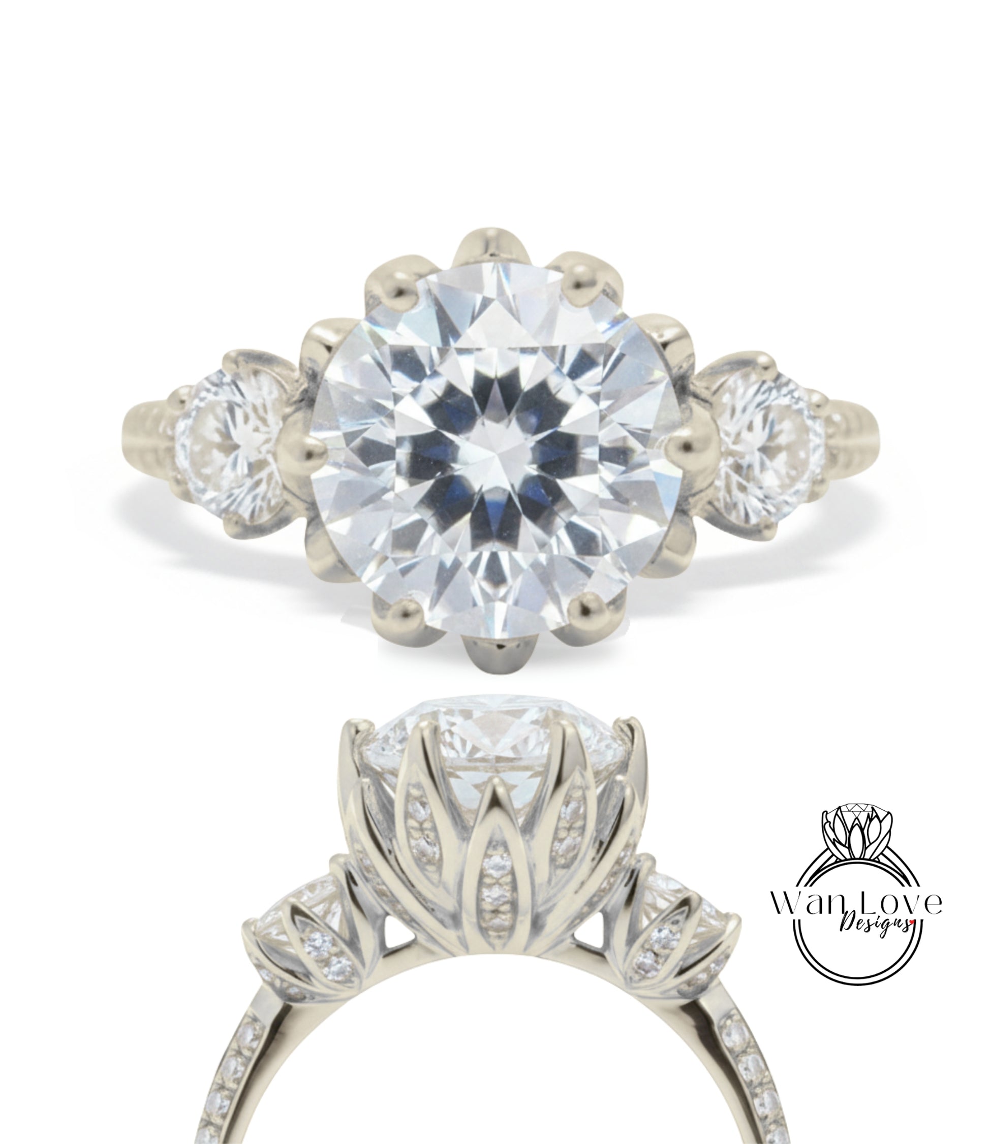 A close-up view of a diamond engagement ring with a large, round brilliant cut diamond set in a silver band with three smaller diamonds on either side.