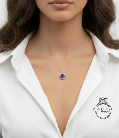 A close-up of a woman wearing a white shirt and a necklace with a pendant featuring a purple gemstone.