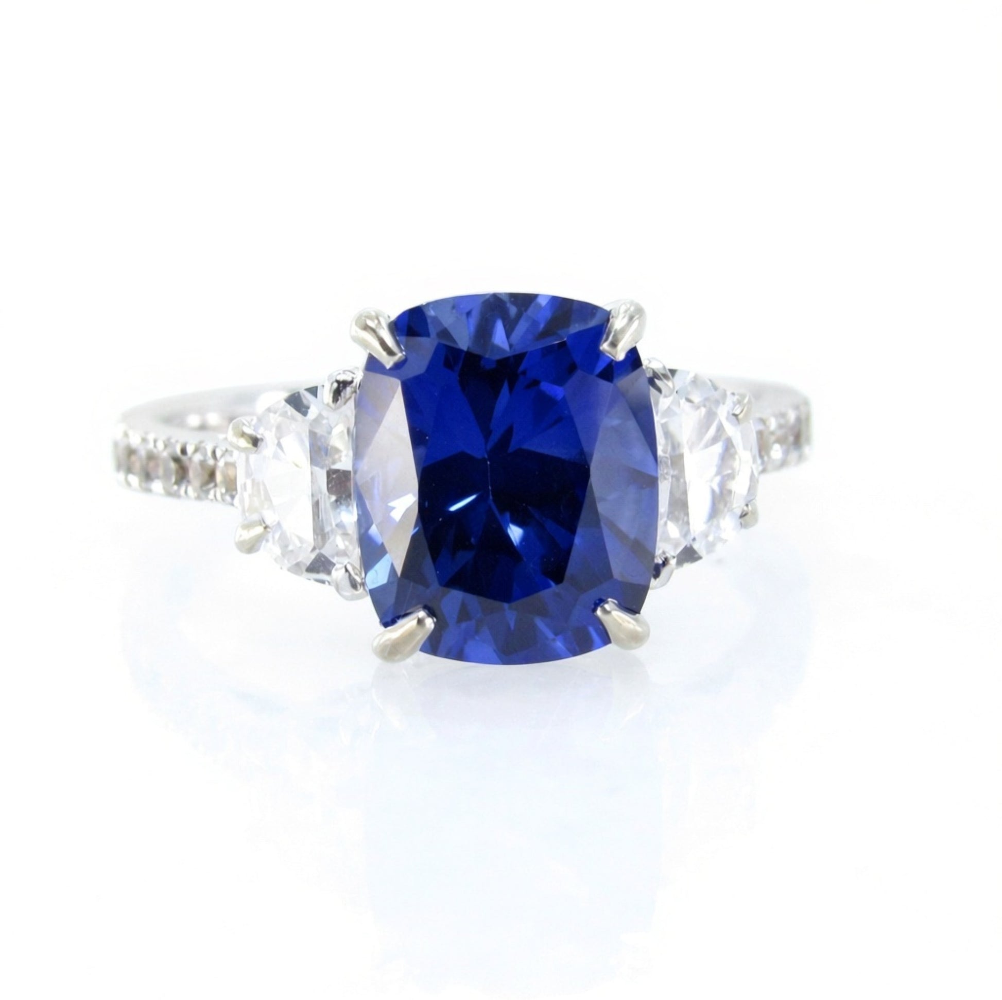 Blue White Sapphire Elongated Cushion Half moon Engagement Ring 4ct art deco three gem stone ring 3 gemstone wedding bridal anniversary gift