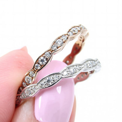 Moissanite Scalloped Smooth Edge Almost Eternity Moissanite Wedding Band Ring White or Rose bridal Anniversary wedding ring Gift for her Wan Love Designs