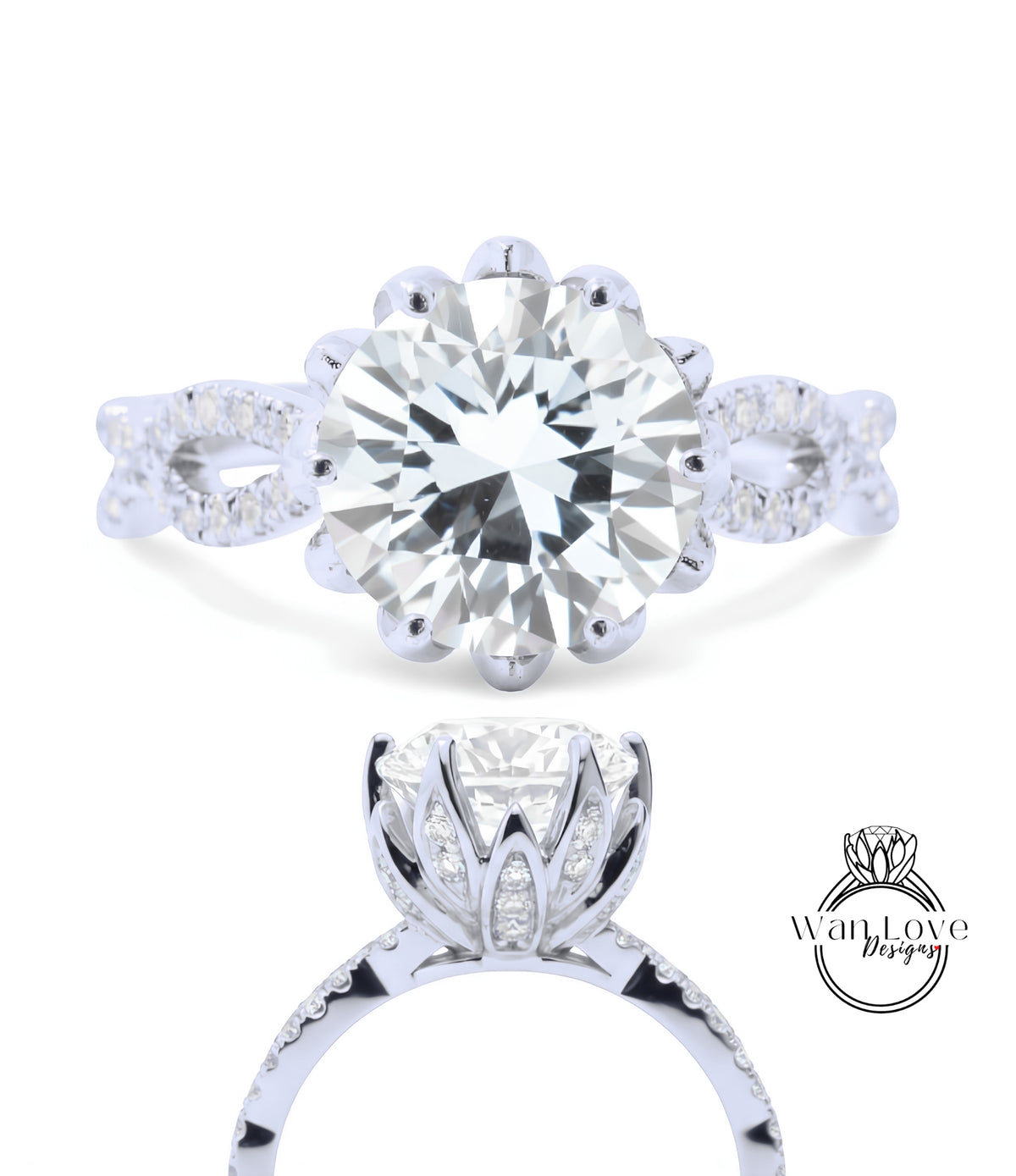 A stunning diamond engagement ring with a large round brilliant cut diamond set in a halo of smaller diamonds, surrounded by a delicate floral design.
