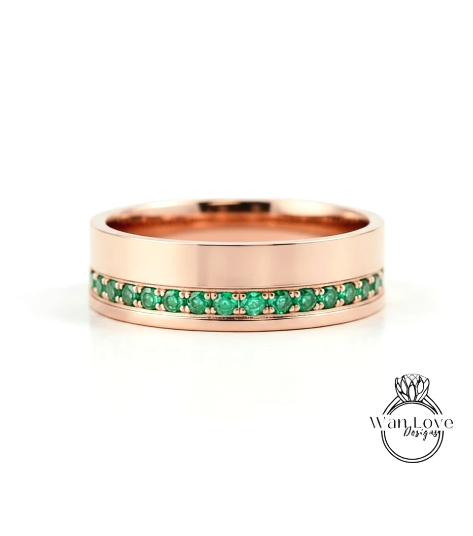 Diamond Mens Wedding Band, Bottom or Top row gems Cigar Band, 14k White Rose Gold Ring, Mens Band, Mans Birthstone Commitment Band