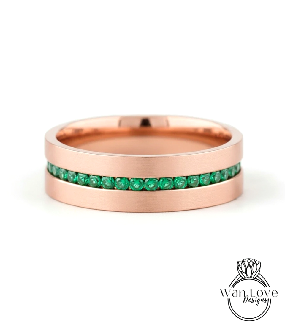 Diamond Mens Wedding Band, Middle row gems Cigar Band, 14k White Rose Gold Ring, Mens Band, Mans Birthstone Commitment Band