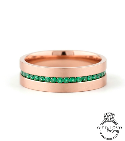 Diamond Mens Wedding Band, Middle row gems Cigar Band, 14k White Rose Gold Ring, Mens Band, Mans Birthstone Commitment Band