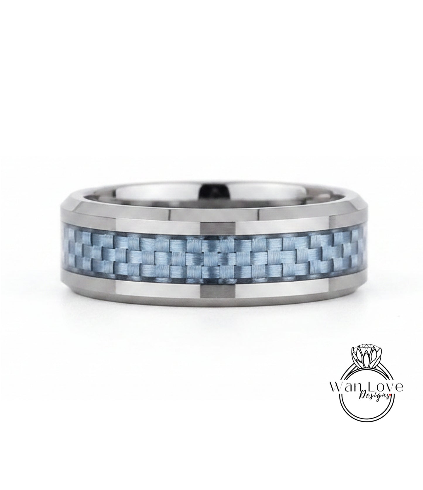 A silver ring with a blue carbon fiber band, showcasing a unique and modern design.