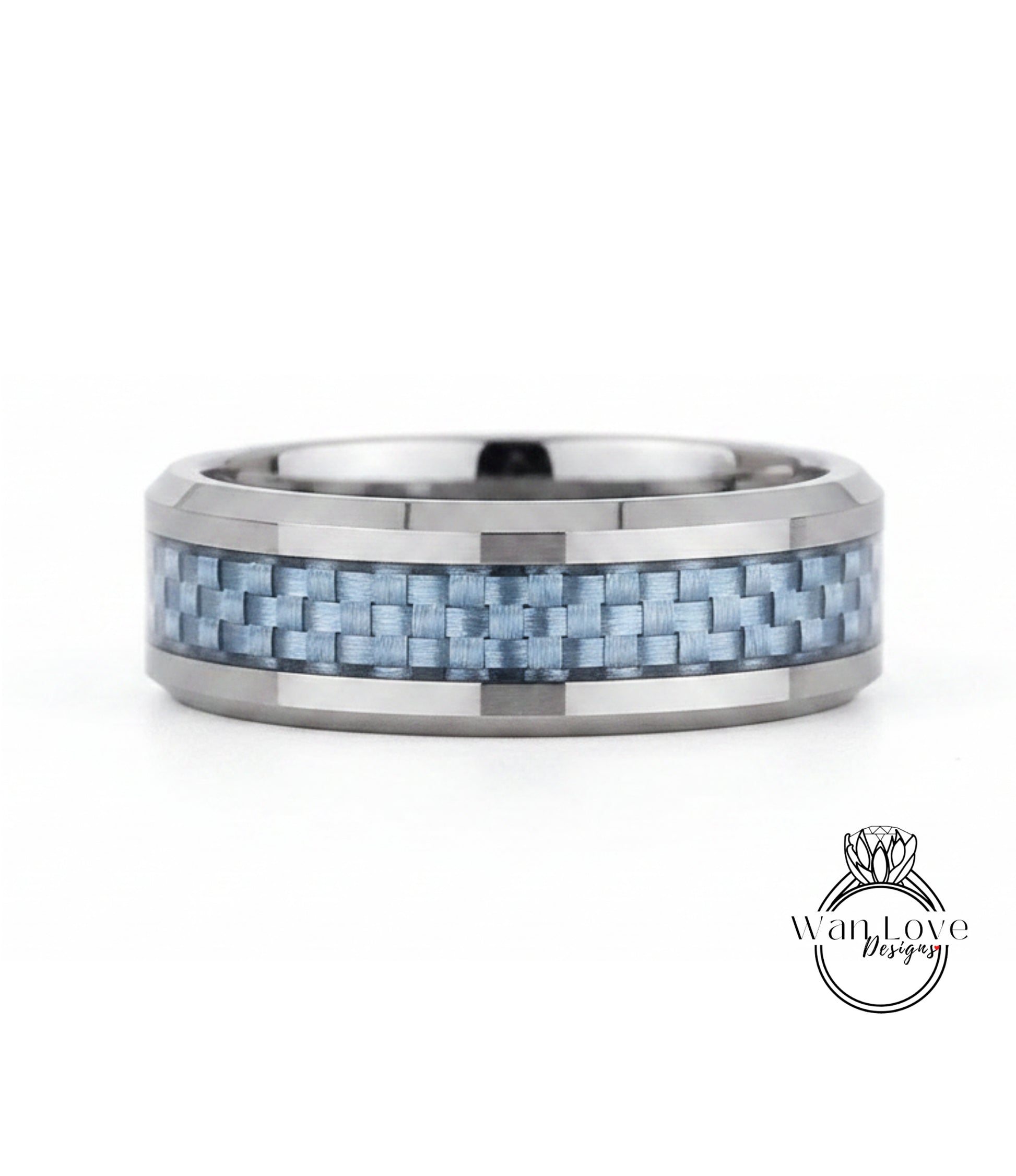 A silver ring with a blue carbon fiber band, showcasing a unique and modern design.