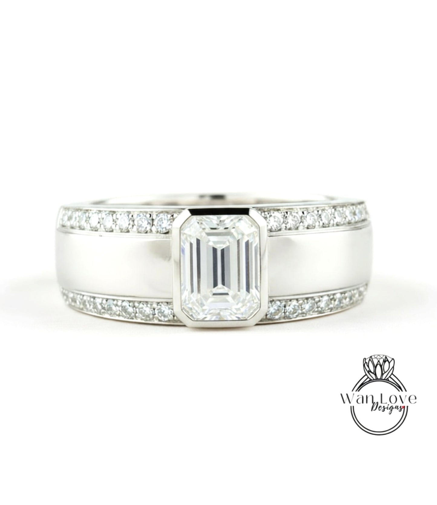 Emerald cut Sapphire and Diamond Men Ring in 14k White Gold | Blue Sapphire Ring | Mans Wedding Ring | Gifts For Him | Birthstone Mens Ring