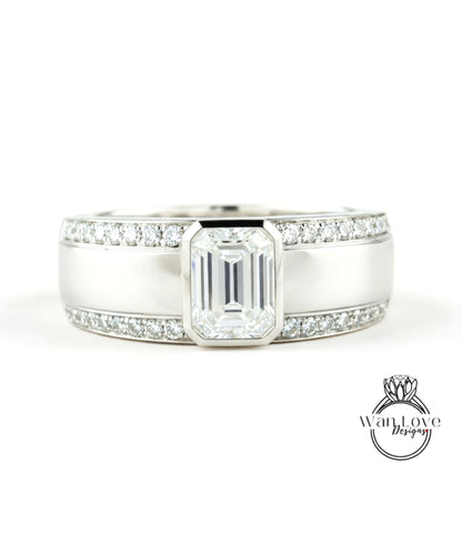 Emerald cut Sapphire and Diamond Men Ring in 14k White Gold | Blue Sapphire Ring | Mans Wedding Ring | Gifts For Him | Birthstone Mens Ring