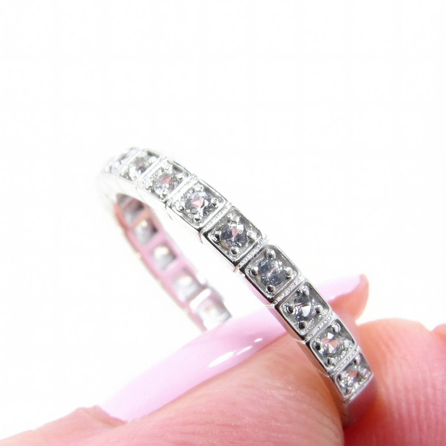 White Sapphire Almost Eternity Wedding Band Ring, Square Modern Band for Her, Custom, White Gold, Anniversary Gift, Ready to Ship