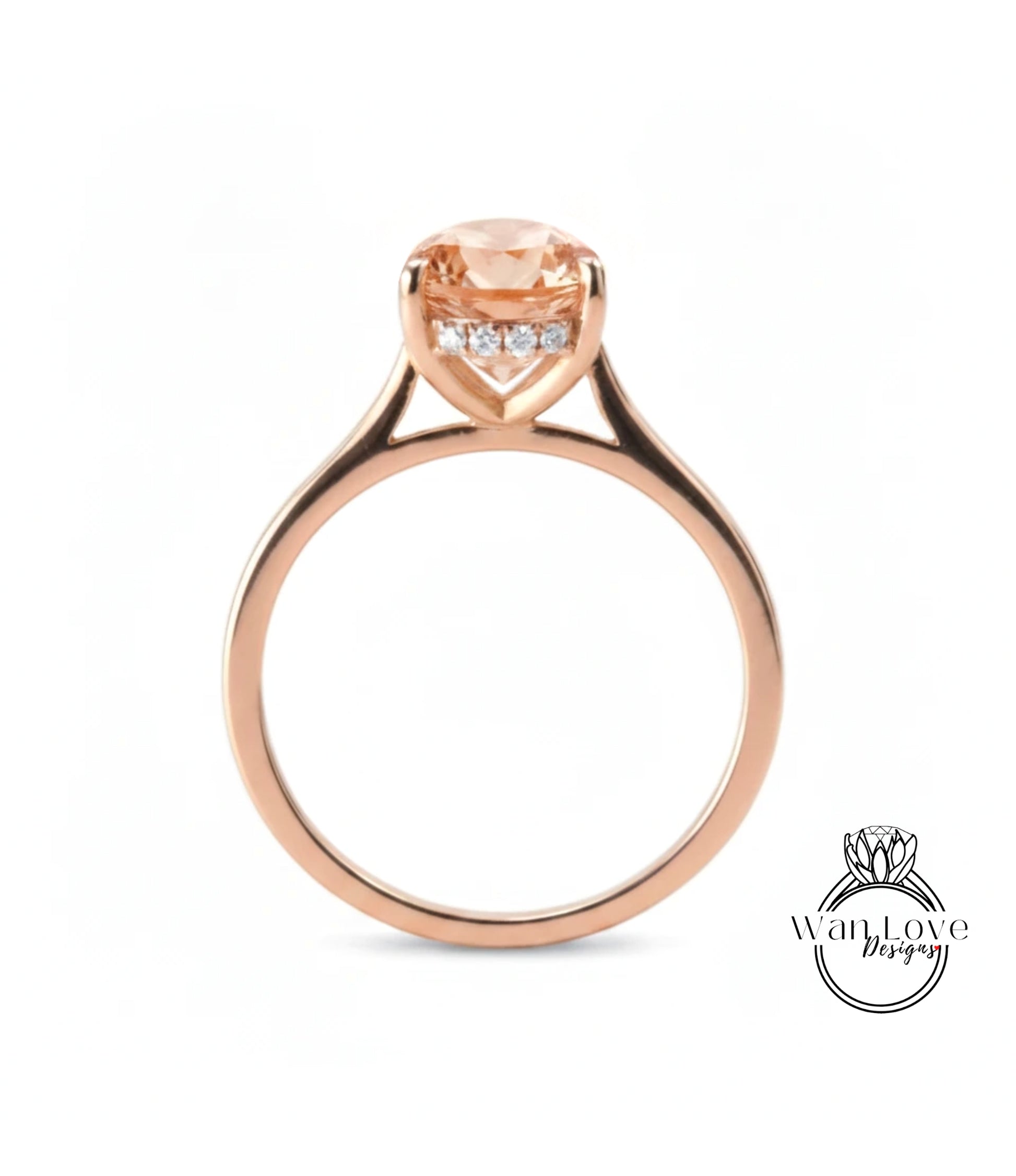 A rose gold engagement ring with a large, round-cut diamond set in the center, surrounded by smaller diamonds.