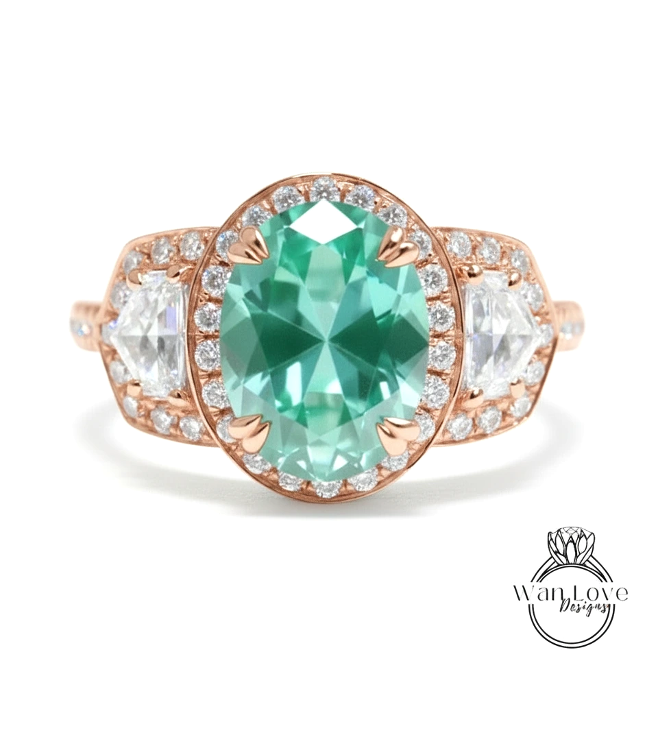A beautiful ring featuring a large oval-shaped gemstone surrounded by smaller diamonds, set in a rose gold band.