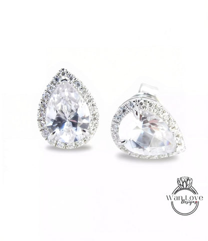 Ready to Ship 1ct ea 2ct 7x5mm White Sapphire Pear Halo Stud Earrings Custom Wedding Jewelry Anniversary Gift Wan Love Designs