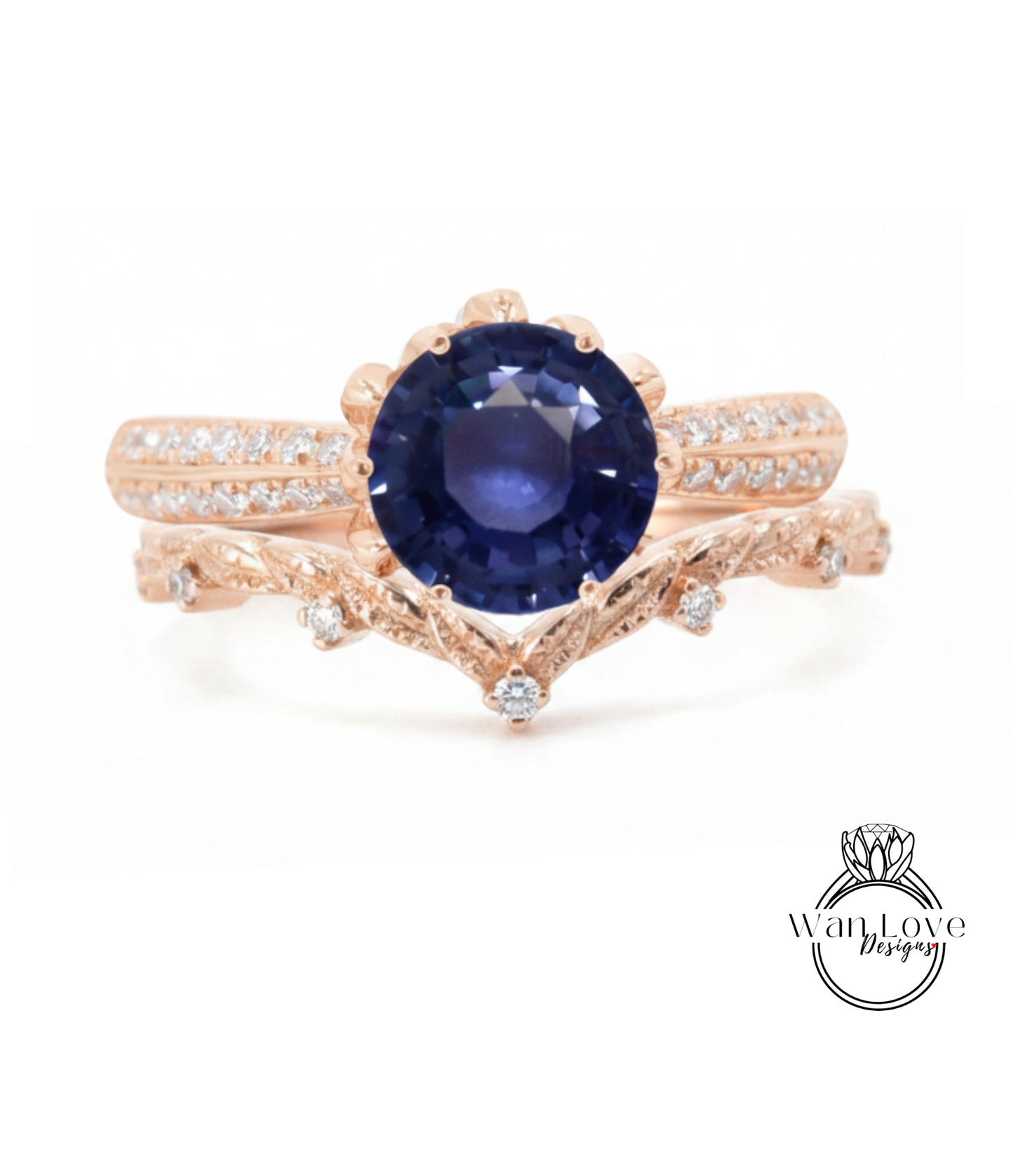 A rose gold ring with a large blue gemstone at the center, surrounded by smaller diamonds.