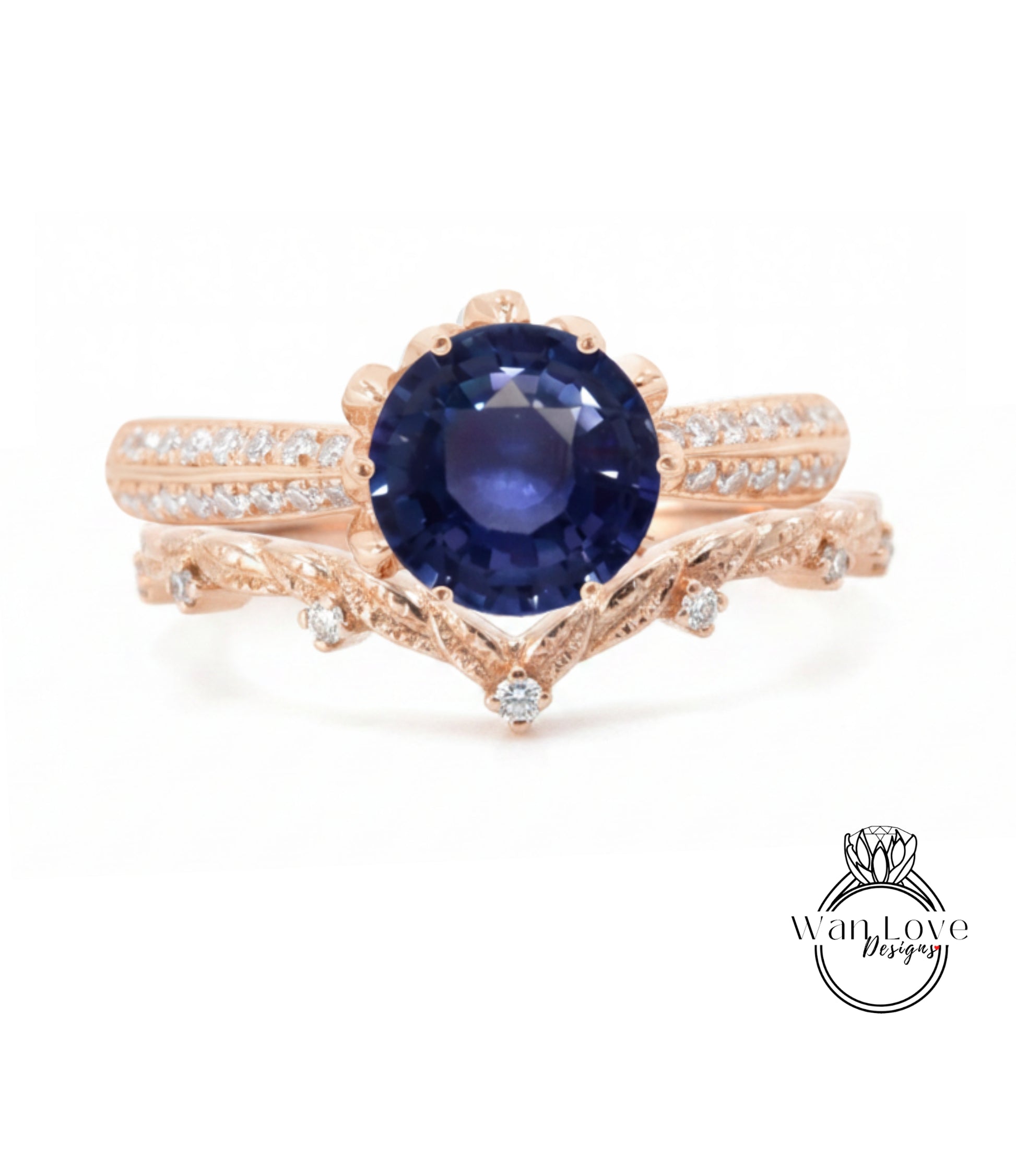 A rose gold ring with a large blue gemstone at the center, surrounded by smaller diamonds.