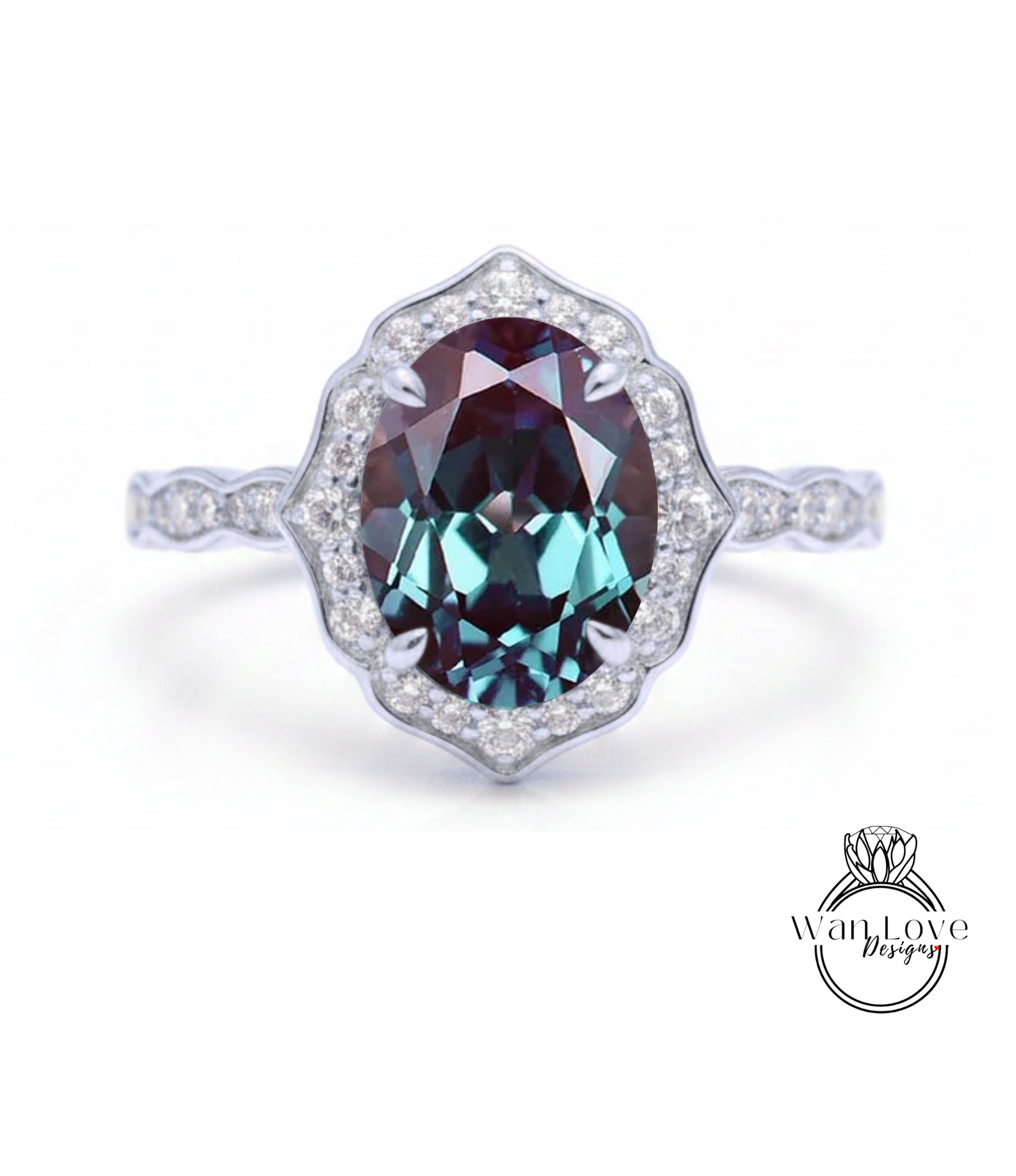 A stunning ring featuring a large oval-shaped gemstone surrounded by a halo of smaller diamonds, set in a silver band.