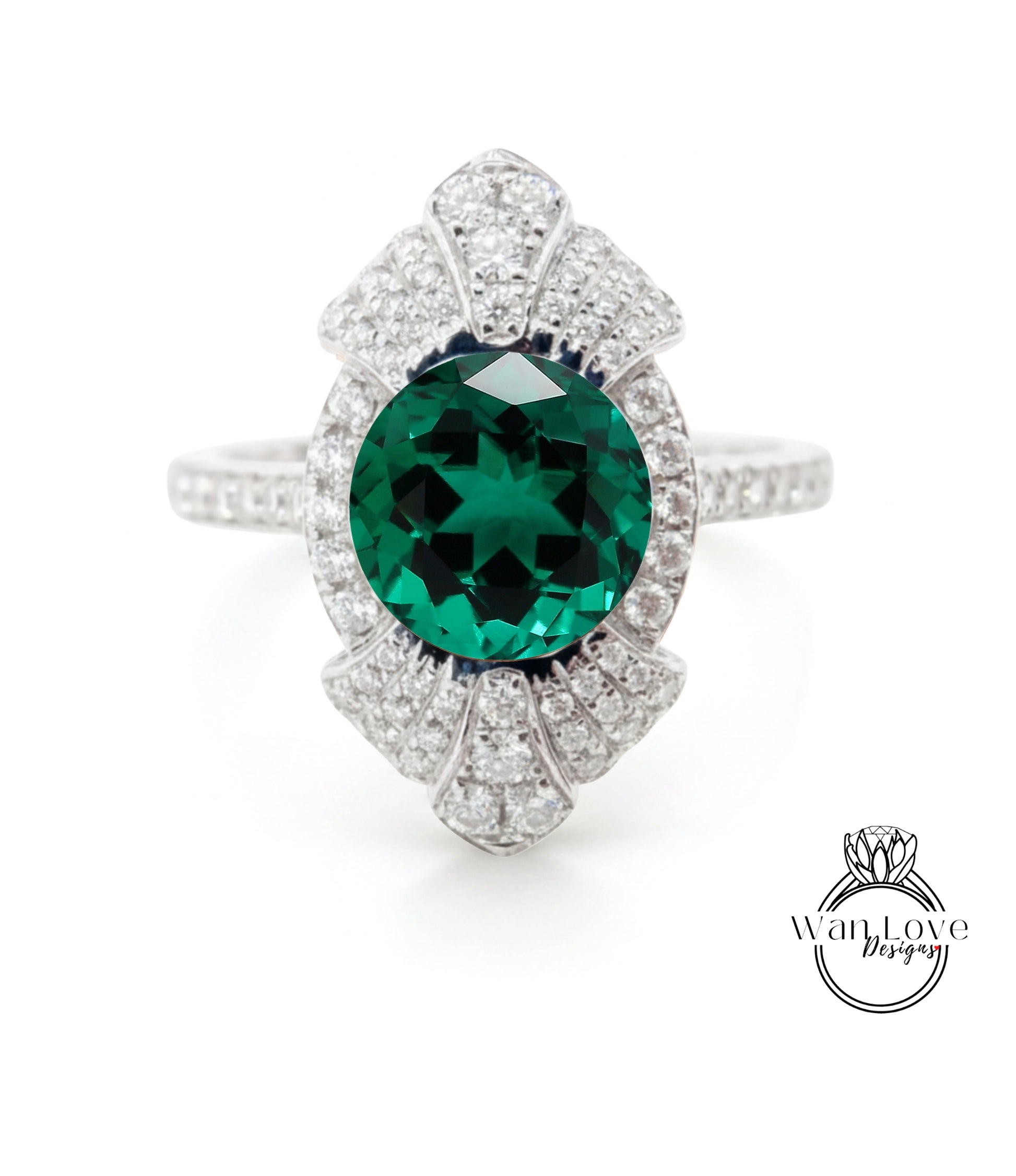 A stunning ring featuring a large, vibrant green gemstone surrounded by a sparkling diamond-encrusted band.