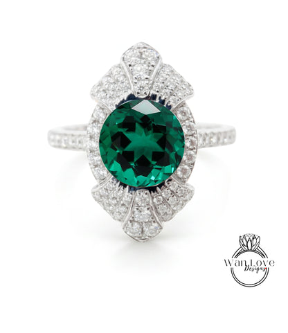 A stunning ring featuring a large, vibrant green gemstone surrounded by a sparkling diamond-encrusted band.