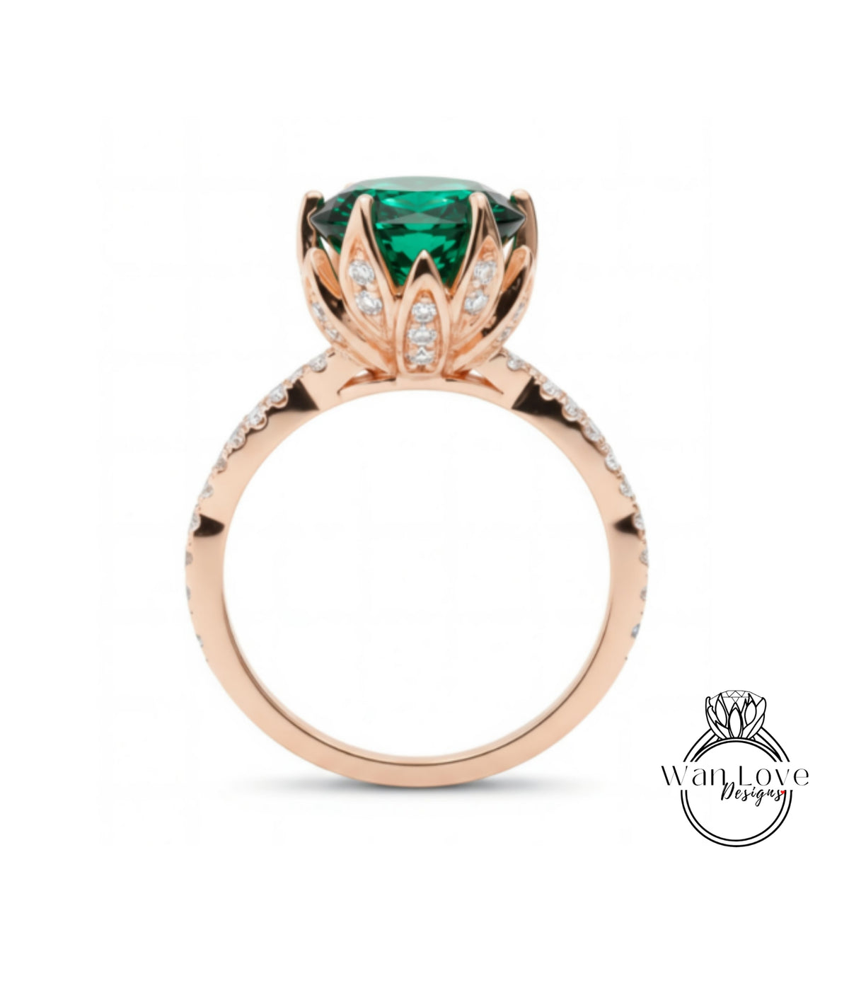 A rose gold ring with a large, green gemstone at the center, surrounded by small diamonds.