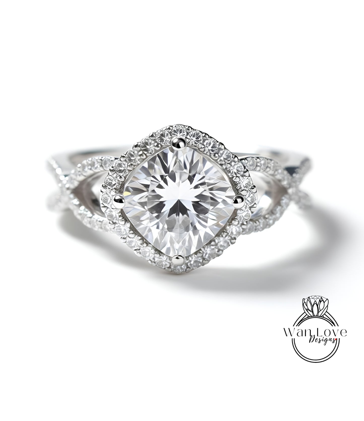 A close-up of a diamond engagement ring with a large central diamond surrounded by smaller diamonds and a halo of smaller diamonds around the center.