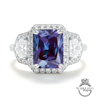 A stunning ring featuring a large, deep purple gemstone surrounded by a halo of sparkling diamonds.