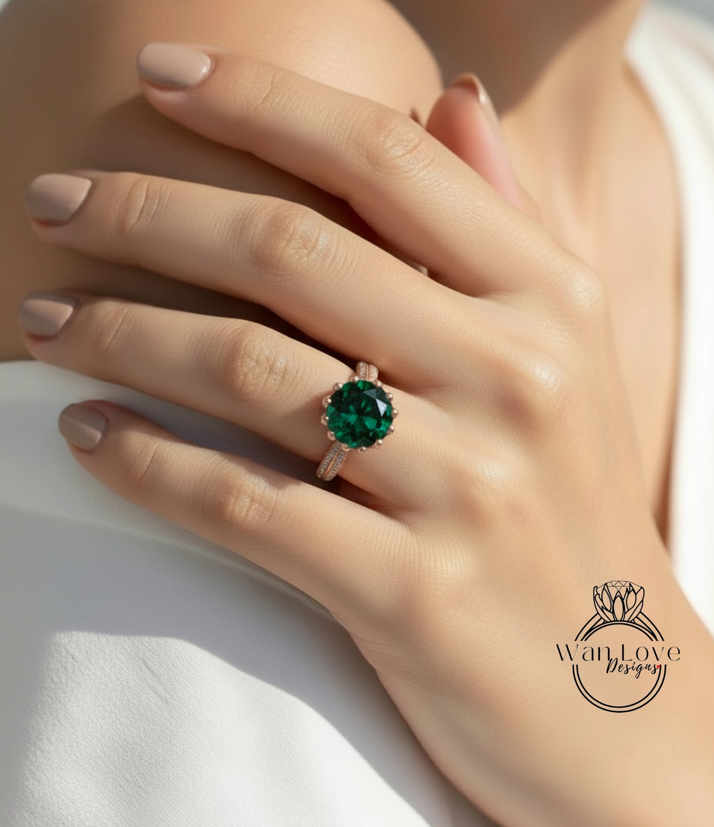 A close-up of a person's hand wearing a large, green gemstone ring.