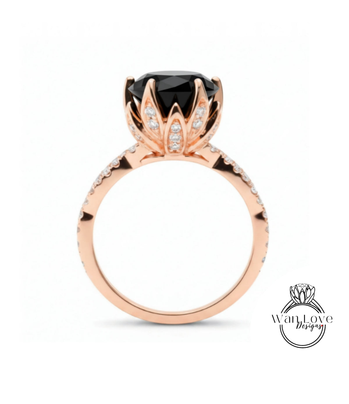 A rose gold ring with a large black gemstone, likely a diamond, at the center.