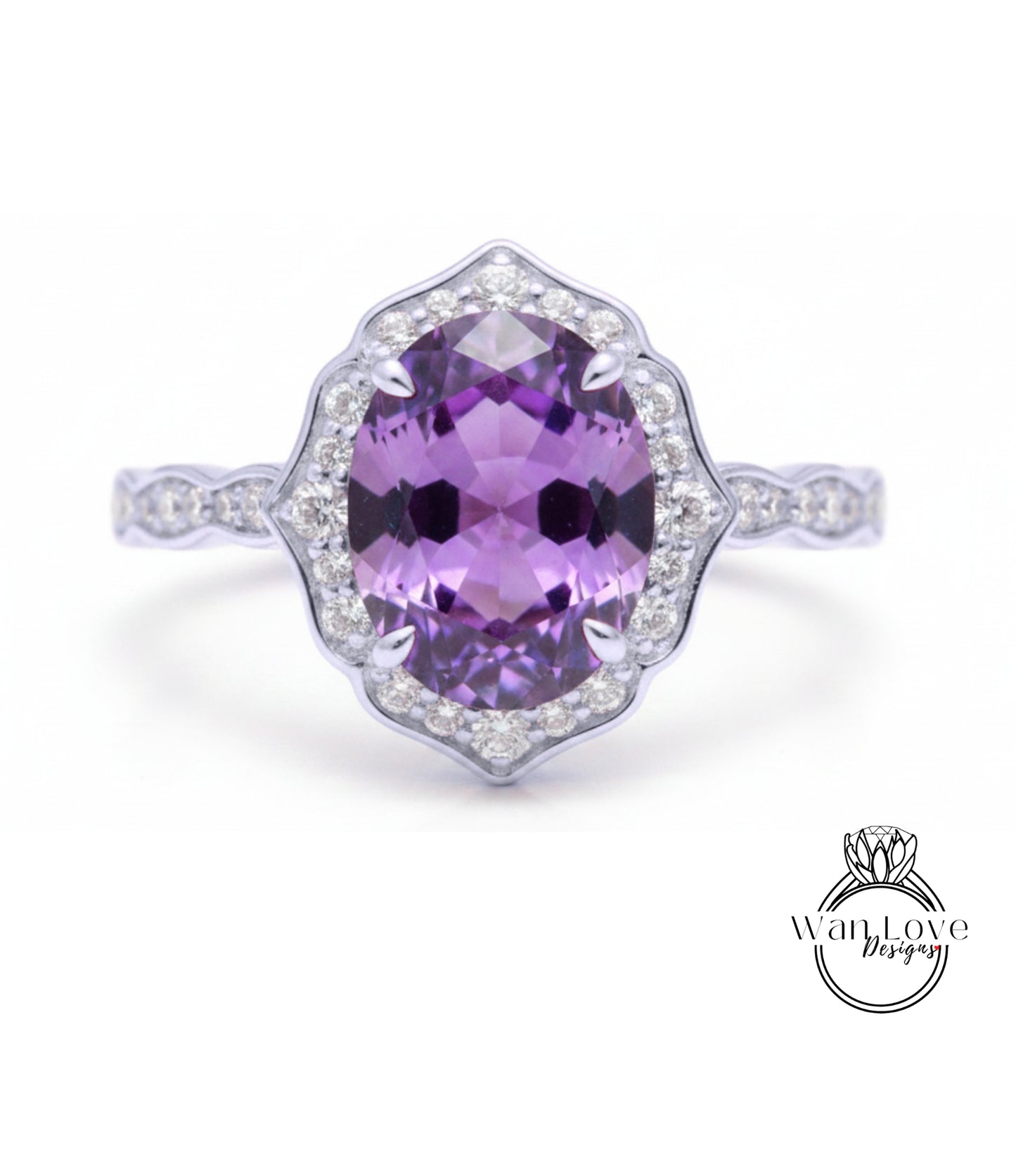 A stunning ring featuring a large oval-shaped purple gemstone surrounded by a halo of smaller diamonds, set in a silver band.