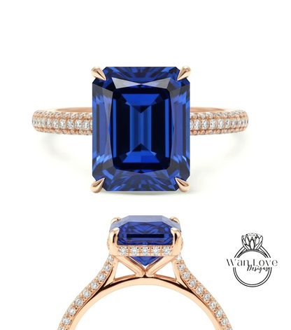 A stunning blue gemstone engagement ring with a large, square-cut sapphire set in a rose gold band.