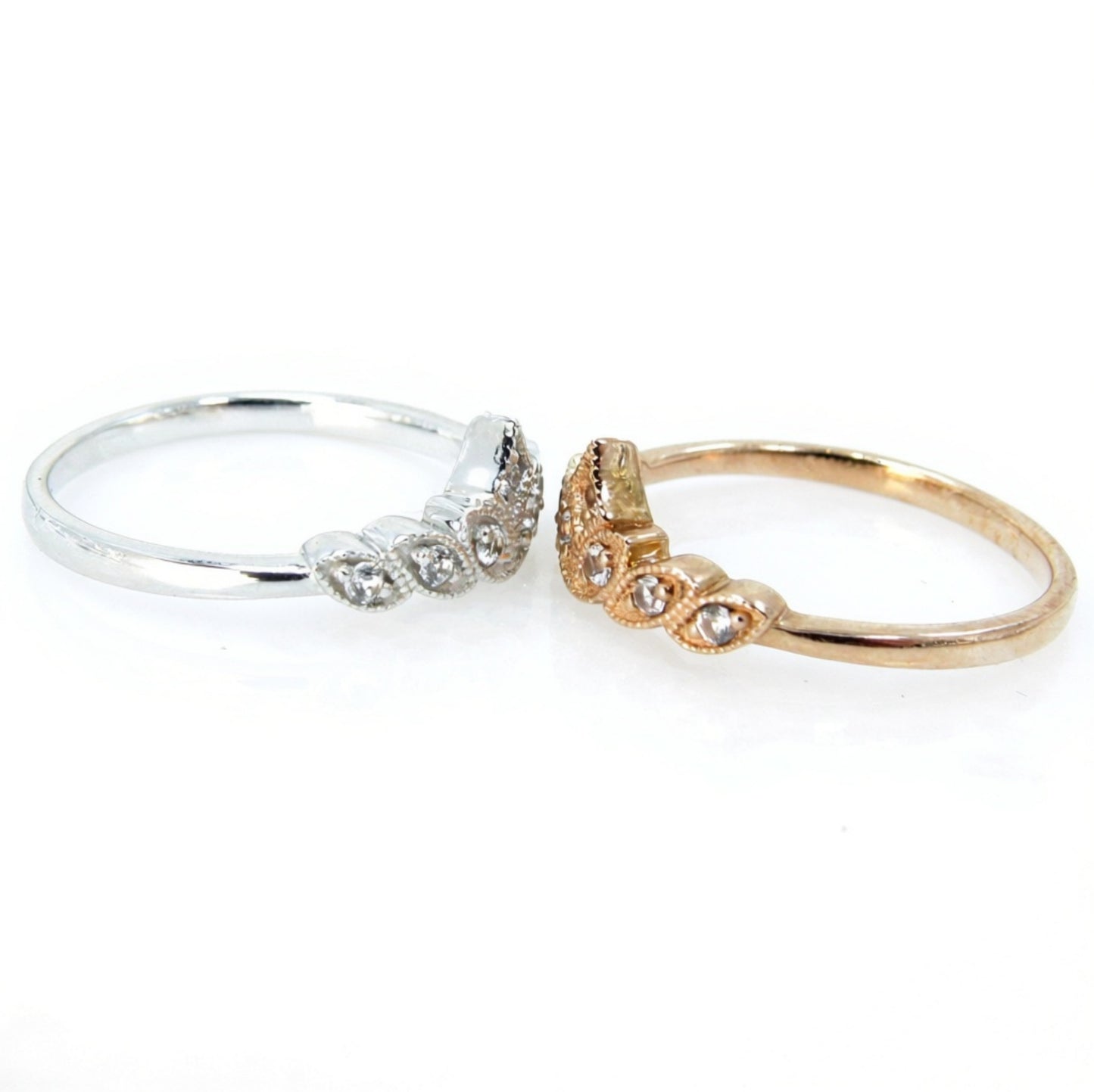 White Sapphire Marquise Crown Vintage Matching Wedding Band Bridal Ring Filigree Rose White Gold Anniversary Gift Commitment Ready to Ship