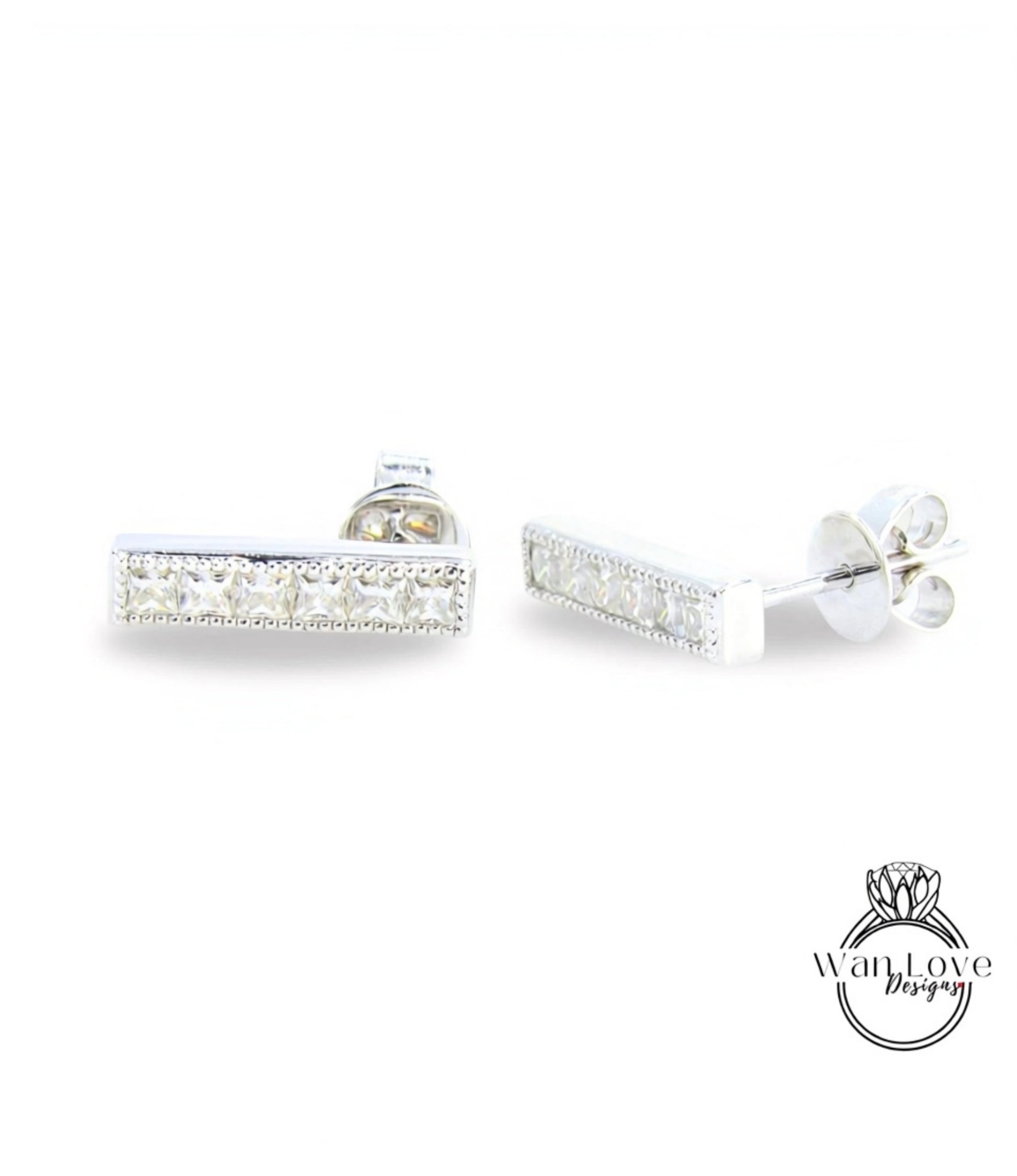 Moissanite Milgrain Bar Earrings Studs French cut moissanite earrings 6 gem stone Princess Earrings White Gold Wedding jewelry Ready to Ship Wan Love Designs