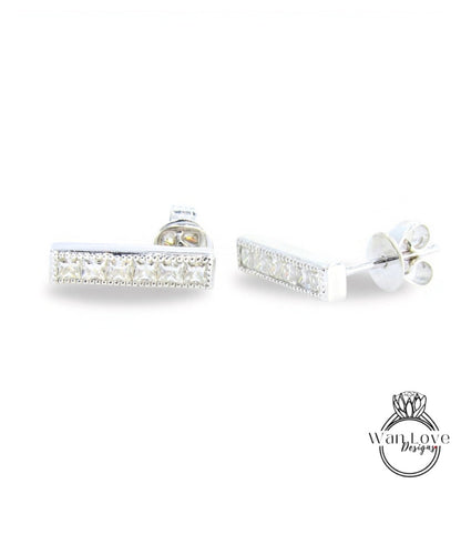 Moissanite Milgrain Bar Earrings Studs French cut moissanite earrings 6 gem stone Princess Earrings White Gold Wedding jewelry Ready to Ship Wan Love Designs