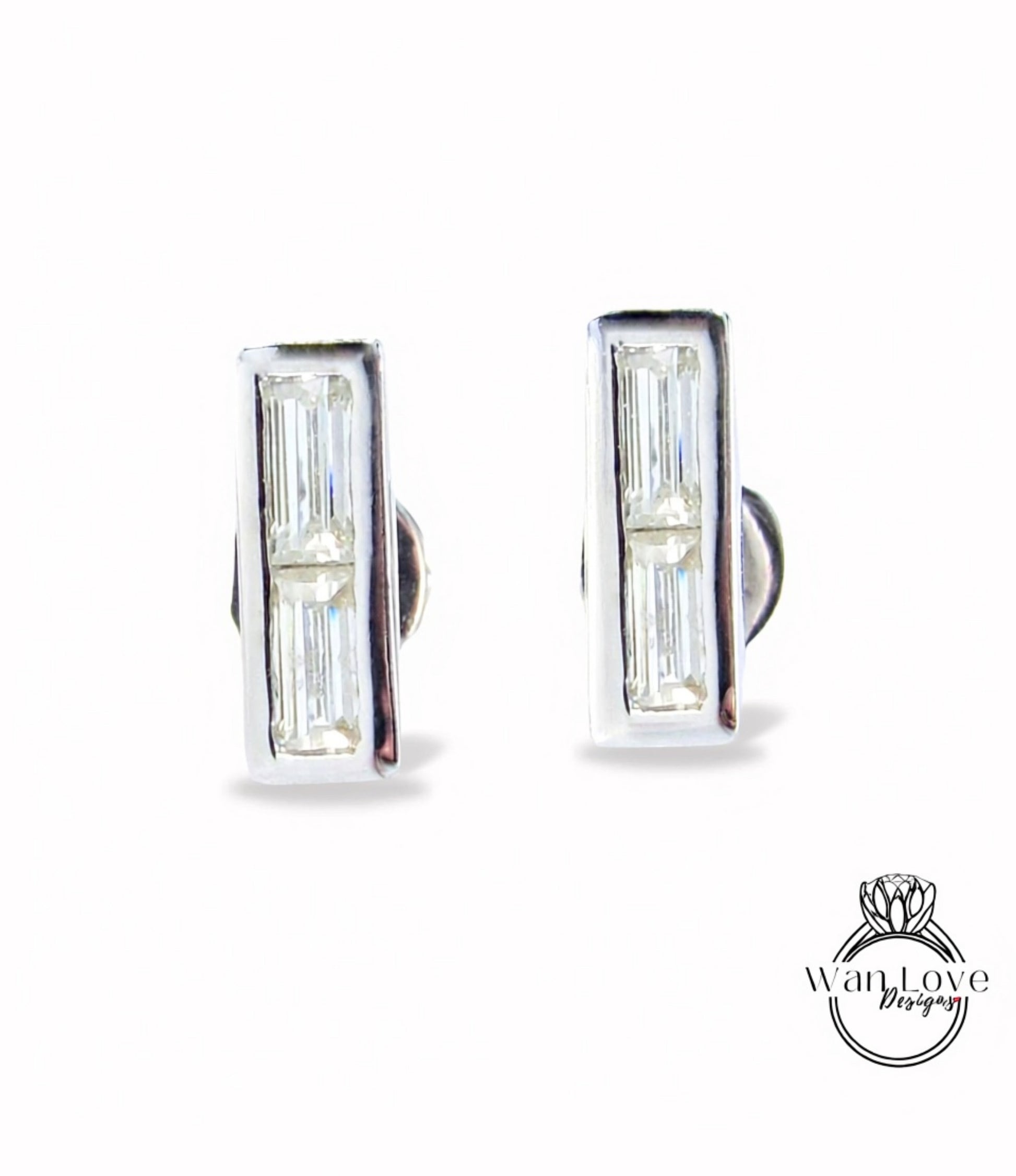 Moissanite Bar Earrings, Moissanite 2 gem stone Baguette cut Wedding Studs, White Gold Bezel Earrings, Gift for her, Ready to Ship Earrings Wan Love Designs
