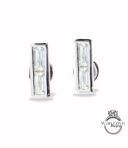 Moissanite Bar Earrings, Moissanite 2 gem stone Baguette cut Wedding Studs, White Gold Bezel Earrings, Gift for her, Ready to Ship Earrings Wan Love Designs