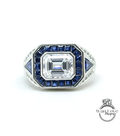 Art Deco Mens Wedding Ring - Mens Blue Sapphire Diamond Ring - Emerald cut Bezel Set Mens Ring - Mans Moissanite Ring - Birthstone Mans Ring