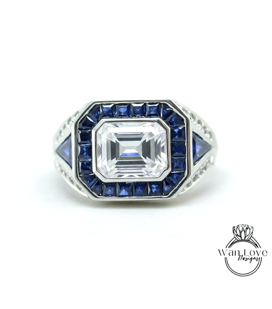 Blue Sapphire Moissanite Mens Wedding Band, Art Deco Mans Wedding Band, 14k gold Band, White Diamond Band, Mens Birthstone Diamond Ring