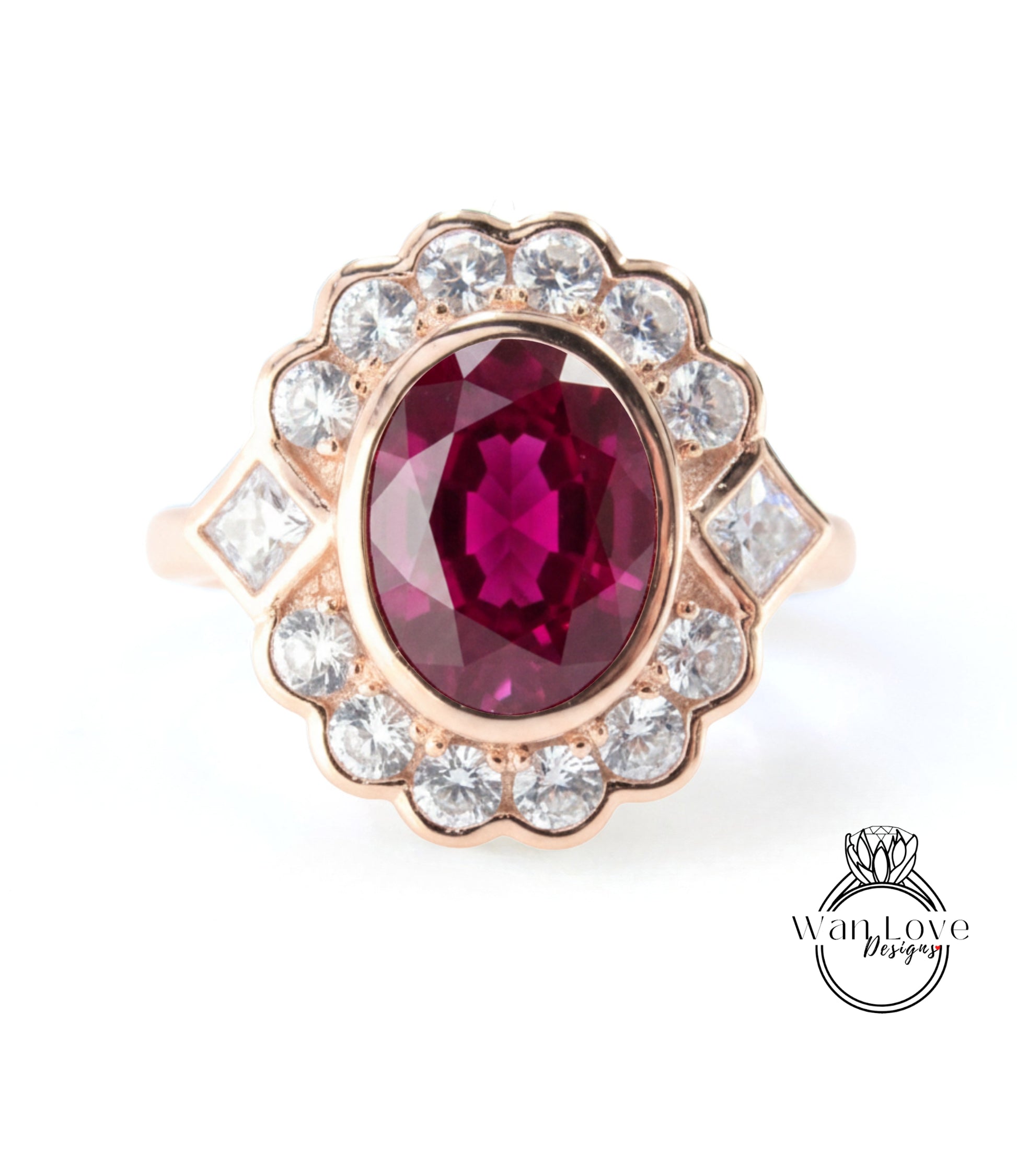 A gold ring with a large oval-shaped gemstone at the center, surrounded by smaller diamonds.