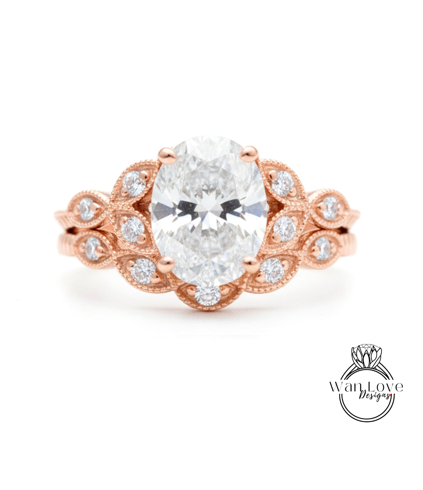 a beautiful engagement ring with a large oval-shaped diamond set in a rose gold band adorned with small diamonds.