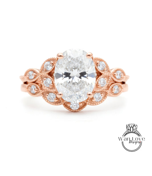a beautiful engagement ring with a large oval-shaped diamond set in a rose gold band adorned with small diamonds.