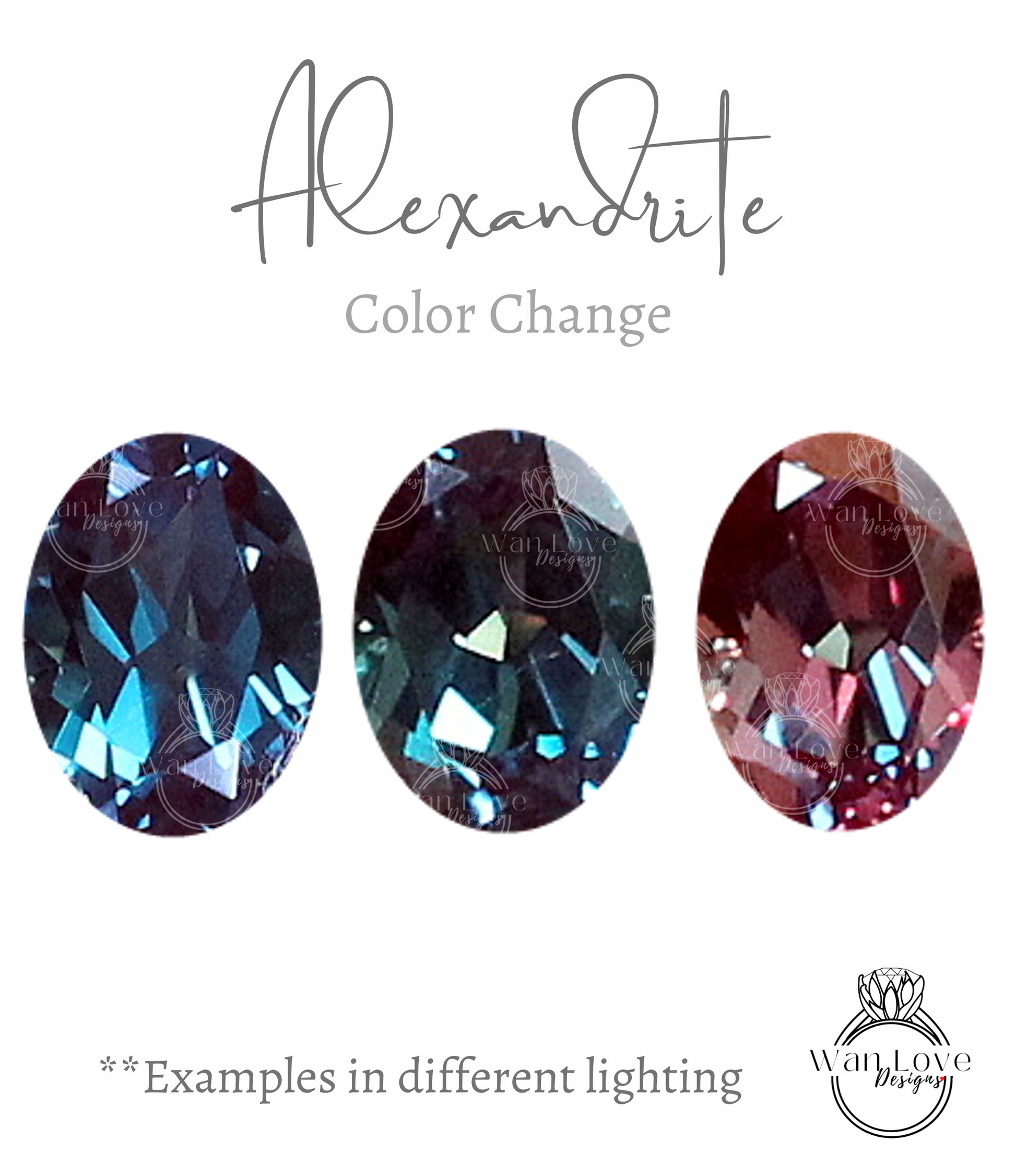 three oval-shaped gemstones, each with a different color, arranged in a row. The text above the stones reads "Alexandrite Color Change" and below the stones, it says "Examples in different lighting". The image does not contain any text that is too long or too vague, and it does not describe each individual element of the image.