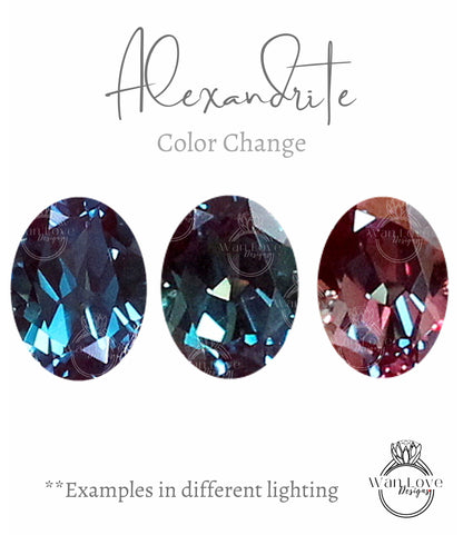 three oval-shaped gemstones, each with a different color, arranged in a row. The text above the stones reads "Alexandrite Color Change" and below the stones, it says "Examples in different lighting". The image does not contain any text that is too long or too vague, and it does not describe each individual element of the image.