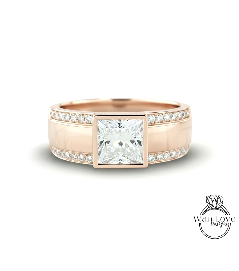 Moissanite Diamond Mens Ring, 14k white gold diamond men's ring, 2 row mans diamond ring, Modern gemstone ring, 14K White Gold, Wedding Band