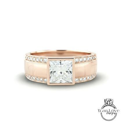 Moissanite Diamond Mens Ring, 14k white gold diamond men's ring, 2 row mans diamond ring, Modern gemstone ring, 14K White Gold, Wedding Band